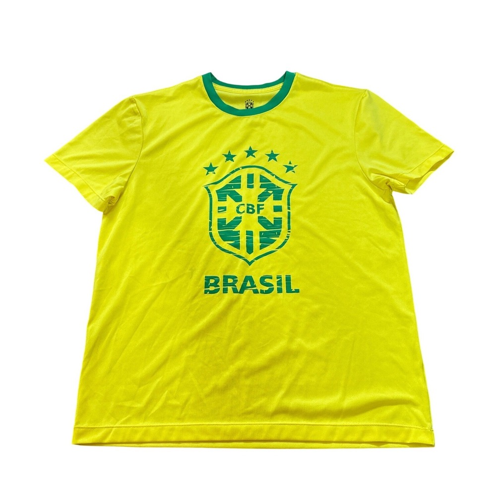 CBF Brazil Soccer Jersey Mens Yellow Green Graphic Short Sleeve SIZE M